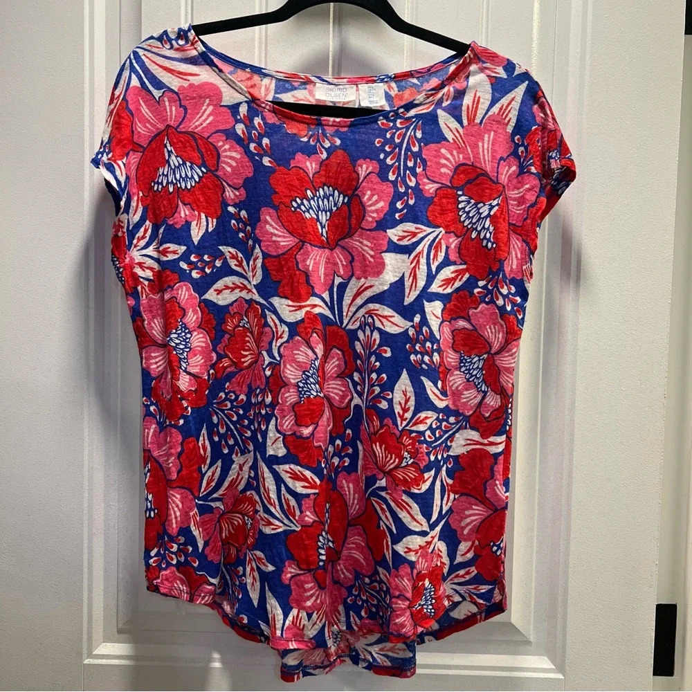 Sigrid Olsen 100% Linen Red Blue Floral Design Blouse. Size Large.‎